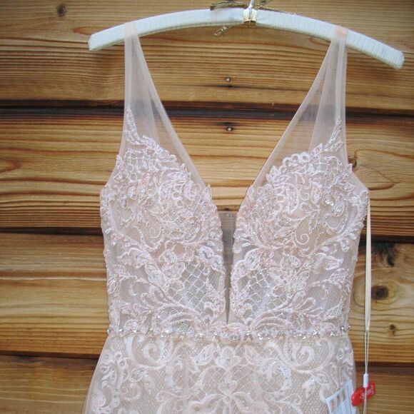 $998 Mac Duggal 11183 Lace Ruffle Tiered Plunge Neck Gown Dress Peach 4 - Picture 7 of 13